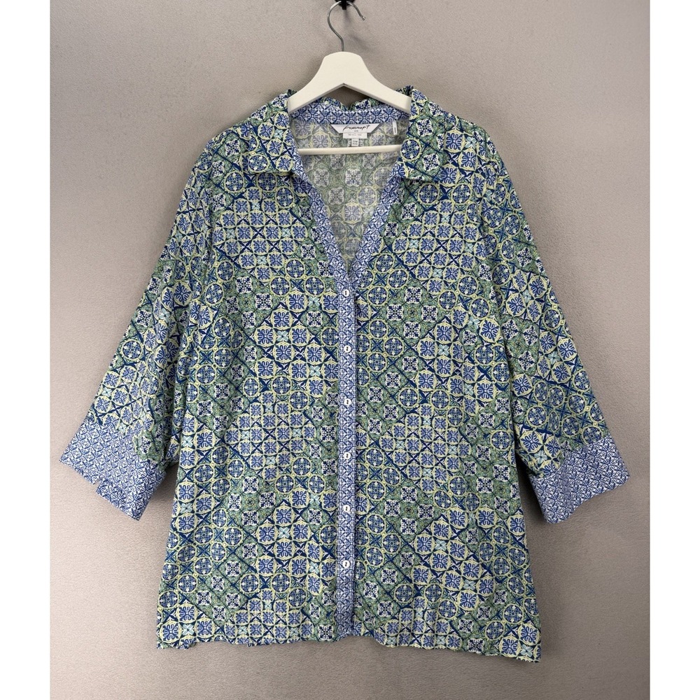 Foxcroft NYC 22W Tunic Blouse 3/4 Sleeve Back Button Mosaic Tile Print Cotton